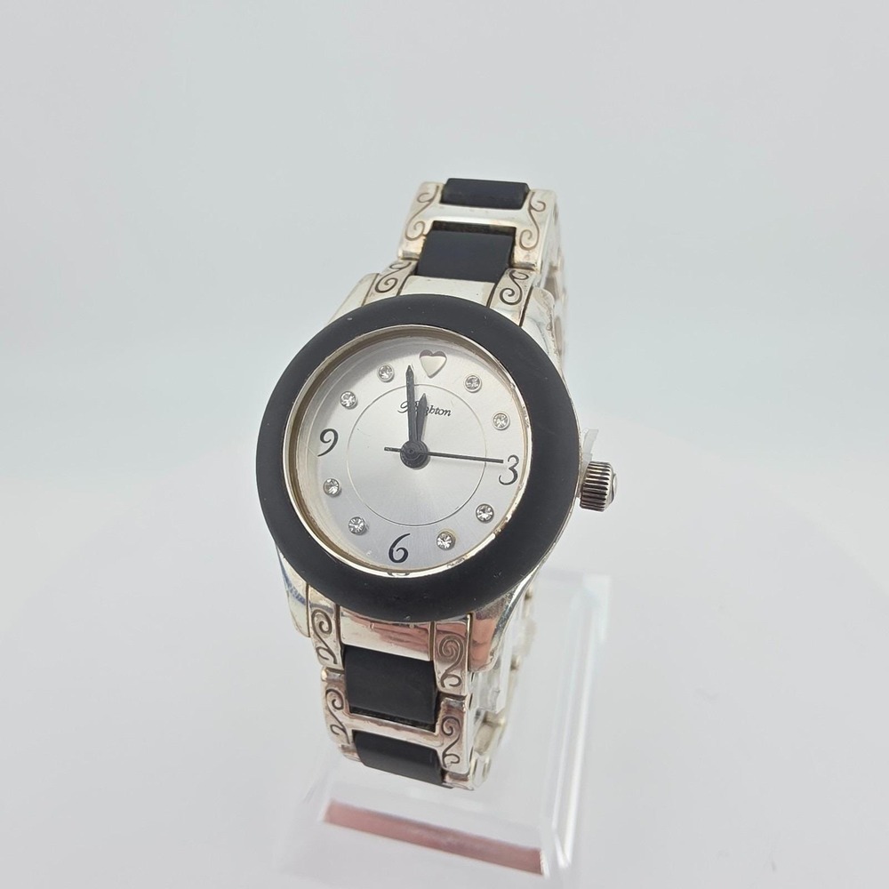 BRIGHTON 'Baby Brooklyn' Ladies Watch Scroll Black Silicone Silver Plate 5.75"